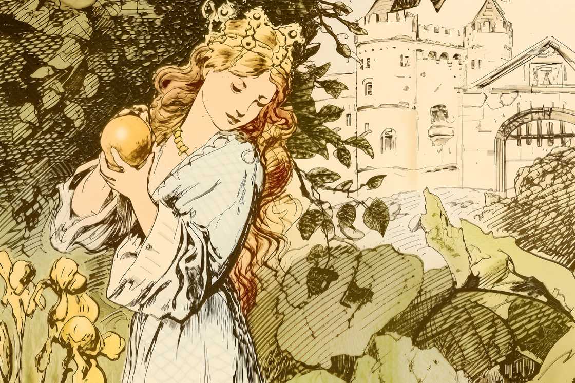 The image depicts a princess with long, flowing blonde hair The image depicts a princess with long, flowing blonde hair