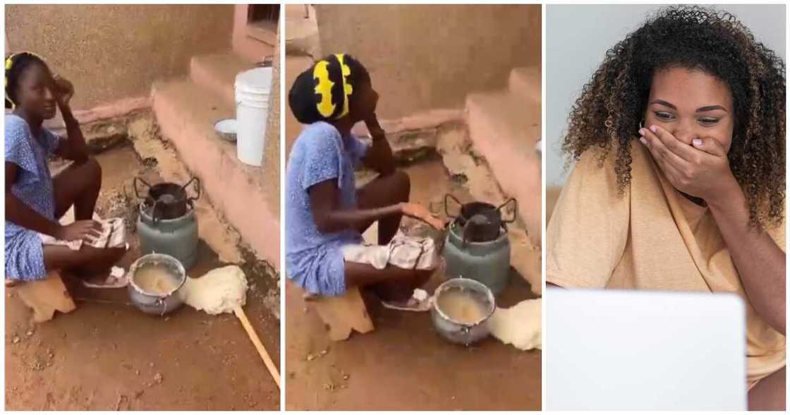 Lady's reaction as bowl of banku drops on the floor causing stir