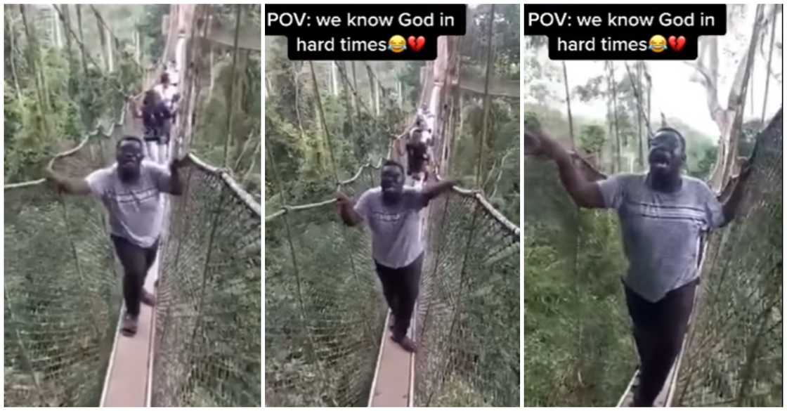 Young man cries out loud as he walks on a canopy Young man cries out loud as he walks on a canopy
