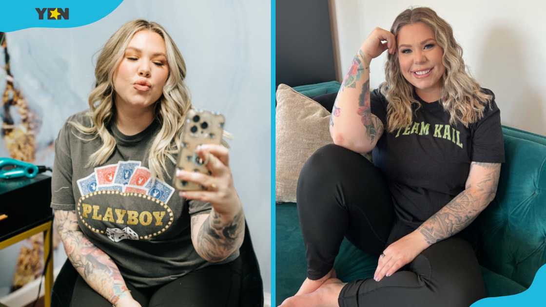 Kailyn Lowry taking a selfie with her mouth pouted (L) and posing for a photo on a green couch (R) Kailyn Lowry taking a selfie with her mouth pouted (L) and posing for a photo on a green couch (R)