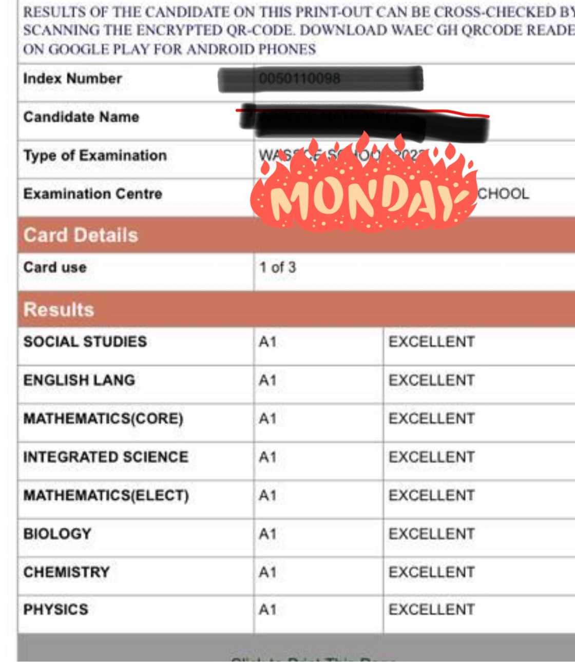 Orphan's WASSCE results.