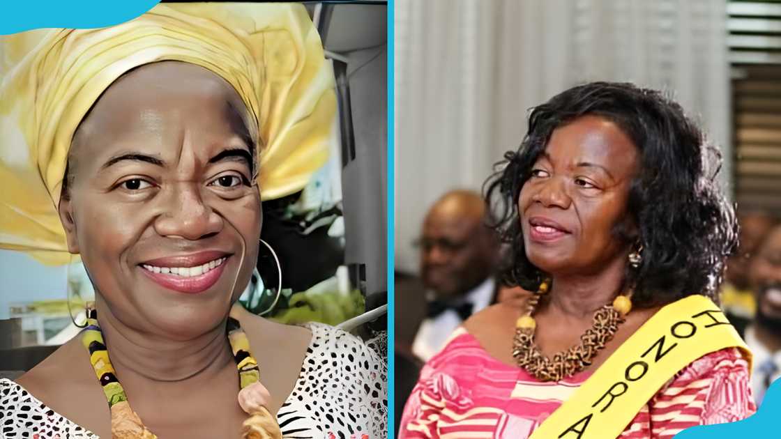 Aba Andam is posing for a photo (L). She is wearing a yellow sash across her left shoulder (R) Aba Andam is posing for a photo (L). She is wearing a yellow sash across her left shoulder (R)