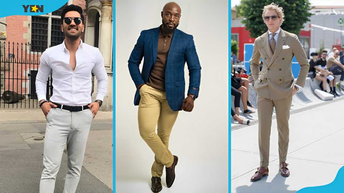 Semi-formal attire for men: White button-up shirt with light grey trousers (L), navy blue blazer, brown shirt with mustard yellow trousers (C), beige suit with brown loafers (R)