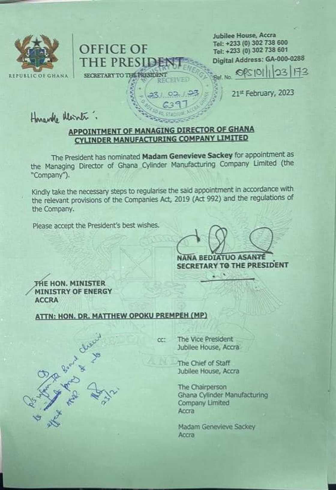 Office of the President has appointed Genevieve Sackey to take up the job as CEO of the Ghana Cylinder Company Office of the President has appointed Genevieve Sackey to take up the job as CEO of the Ghana Cylinder Company