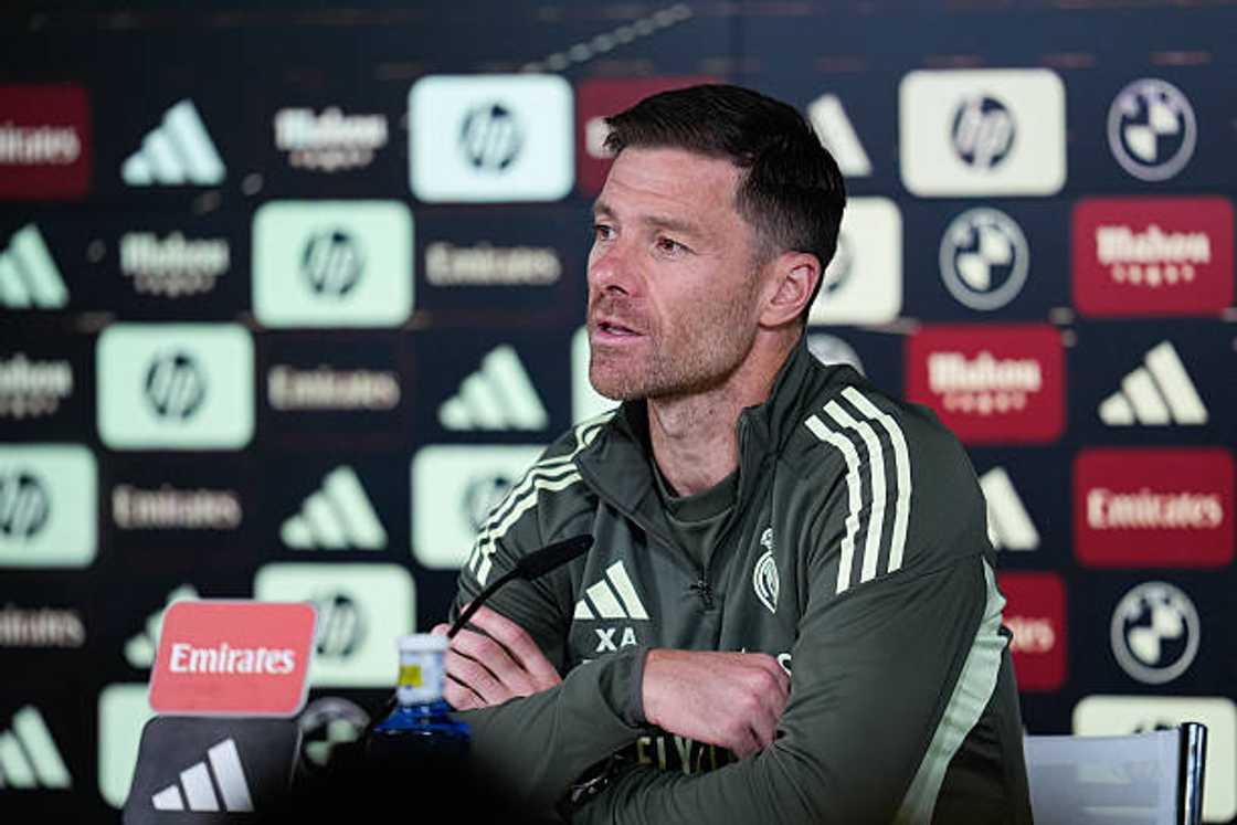 Xabi Alonso, head coach of Real Madrid, gives a press conference during the training day of Real Madrid