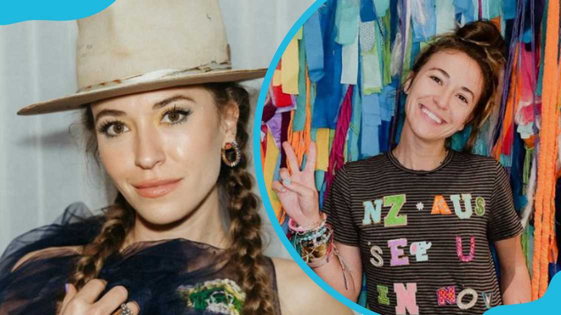 Lauren Daigle in a cowgirl hat (L) and a striped black and white T-shirt (R)