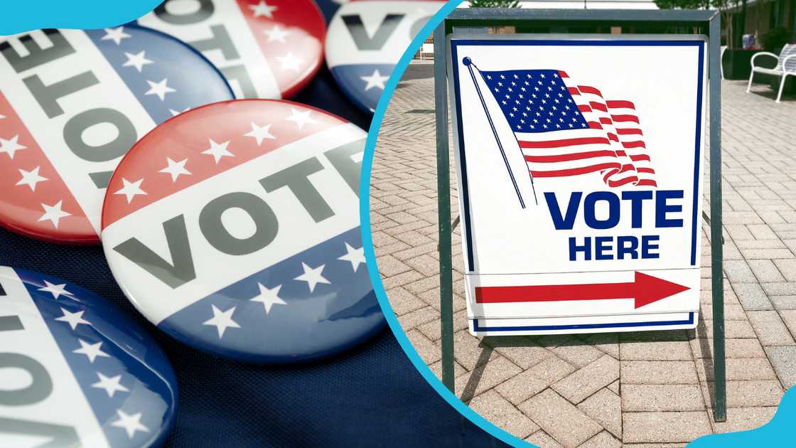 Campaign button badges (L) and a directional sign outside the polling place (R).