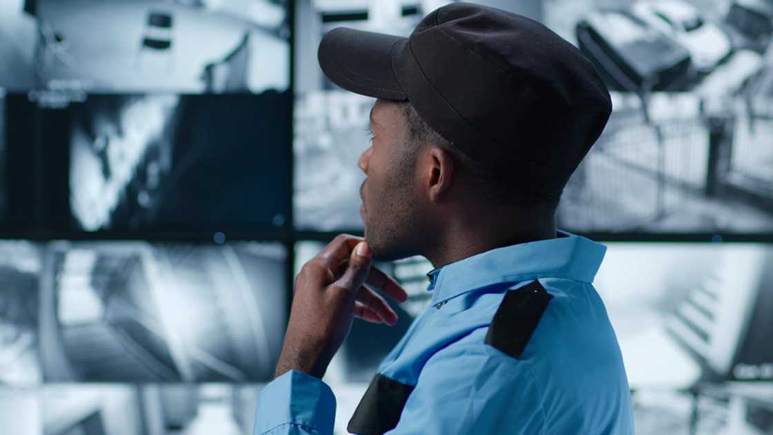 Security officer watching a CCTV footage. Security officer watching a CCTV footage.