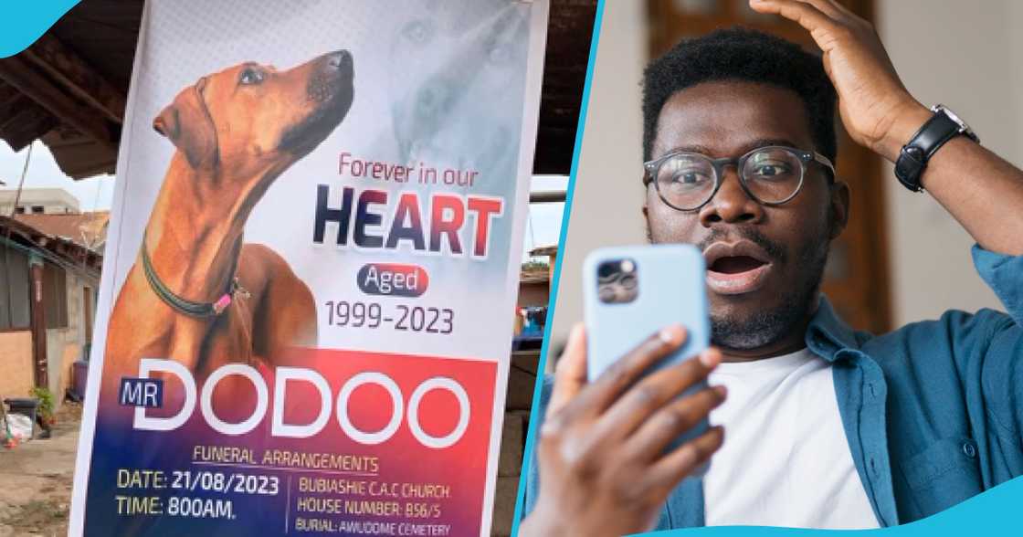 Photo of funeral poster and surprised man