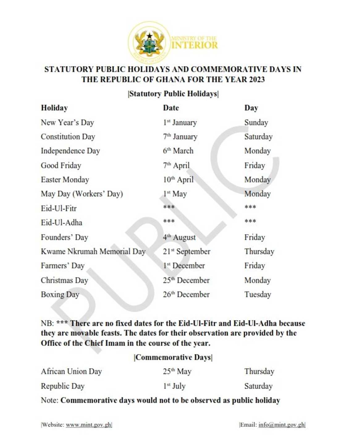 Monday, January 9 And 14 days in 2023 have been declared as Statutory public holidays & Commemorative days to be observed in Ghana Monday, January 9 And 14 days in 2023 have been declared as Statutory public holidays & Commemorative days to be observed in Ghana