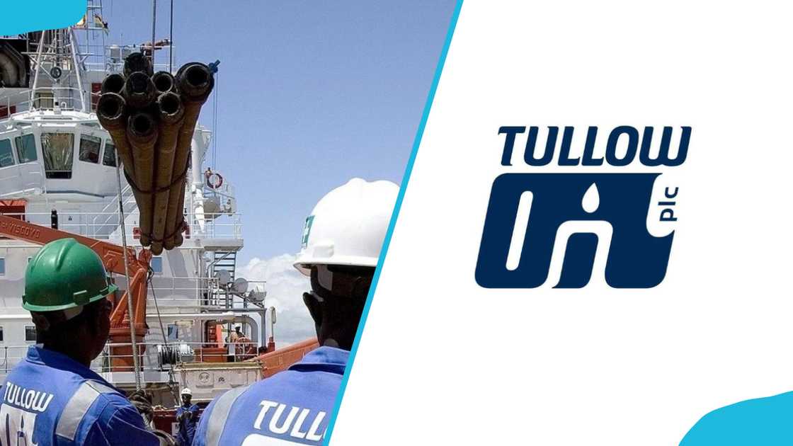 Tullow Oil workers on-site and the Tullow Oil logo Tullow Oil workers on-site and the Tullow Oil logo