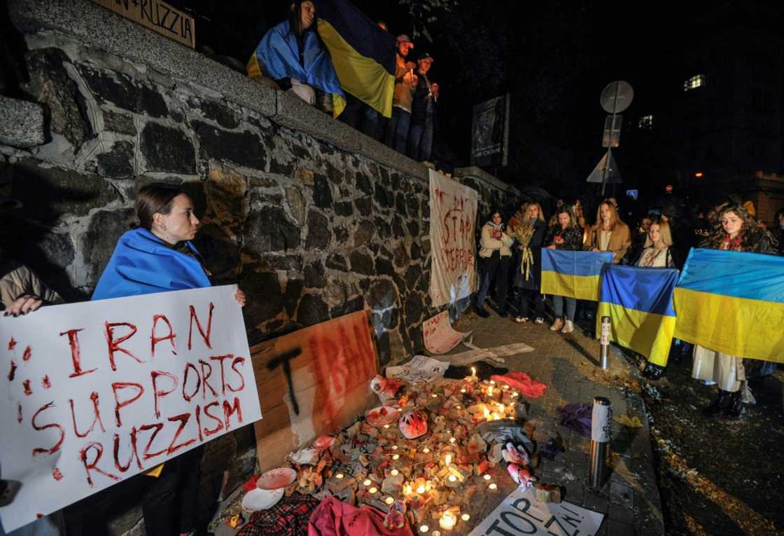 People demonstrate outside the Iranian embassy in Ukraine after Kyiv was hit by swarms of kamikaze drones sold by Iran to Russia