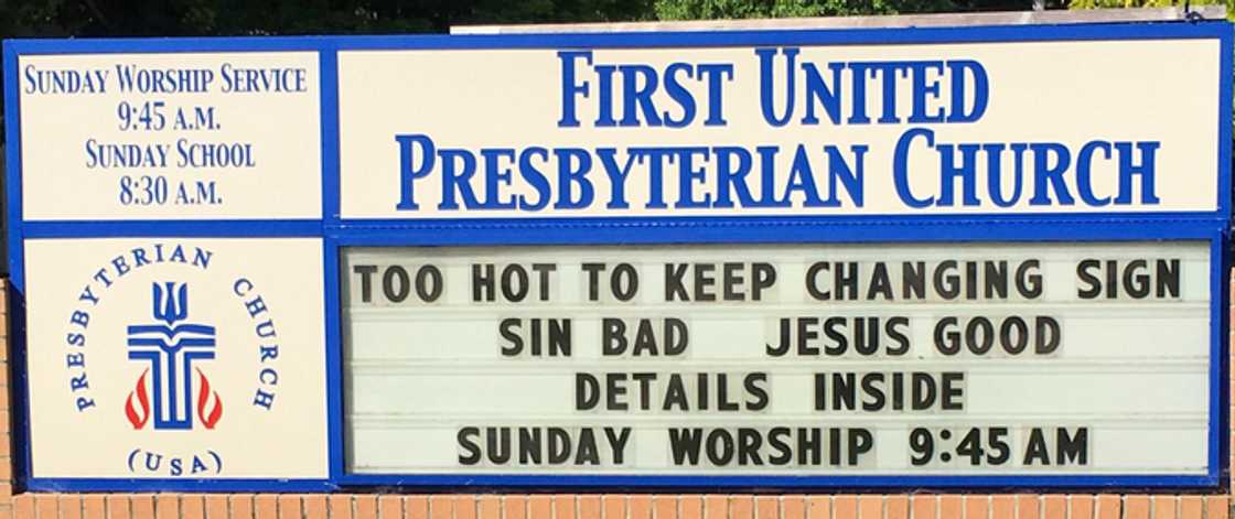 A funny church sign for a Presbyterian church