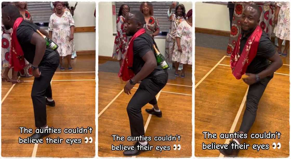 Photos of a man dancing with a bottle on his waist.