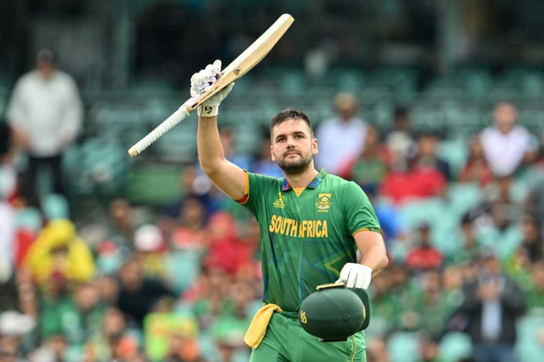 South Africa's Rilee Rossouw celebrates reaching his century South Africa's Rilee Rossouw celebrates reaching his century