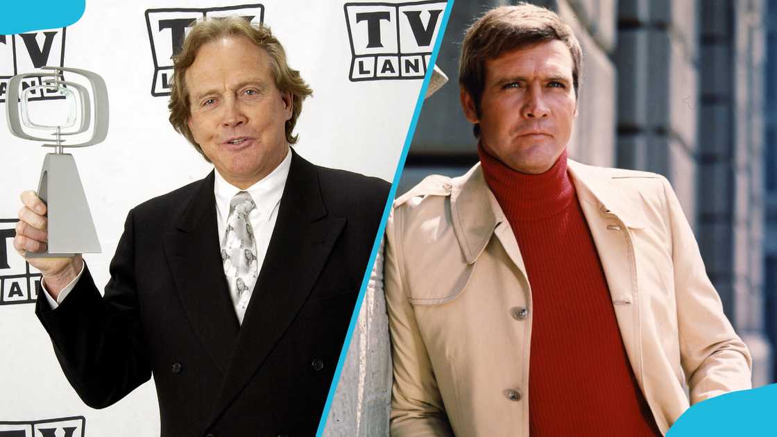 Lee Majors poses with his award for "Viewers Choice-Superest Superhero" (L), and he poses against a wall, circa 1975. (R) Lee Majors poses with his award for "Viewers Choice-Superest Superhero" (L), and he poses against a wall, circa 1975. (R)