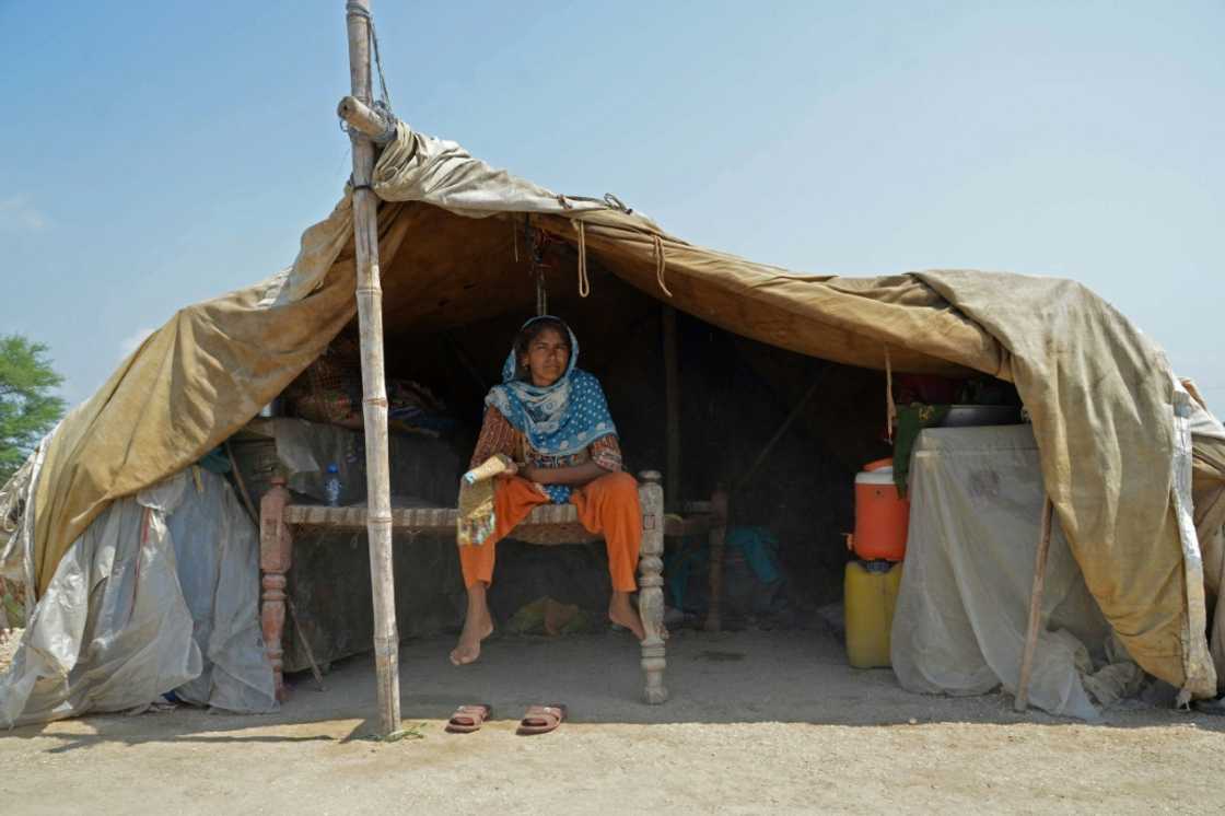 A woman shelters under a tarpaulin in Dera Allah Yar, Balochistan province A woman shelters under a tarpaulin in Dera Allah Yar, Balochistan province