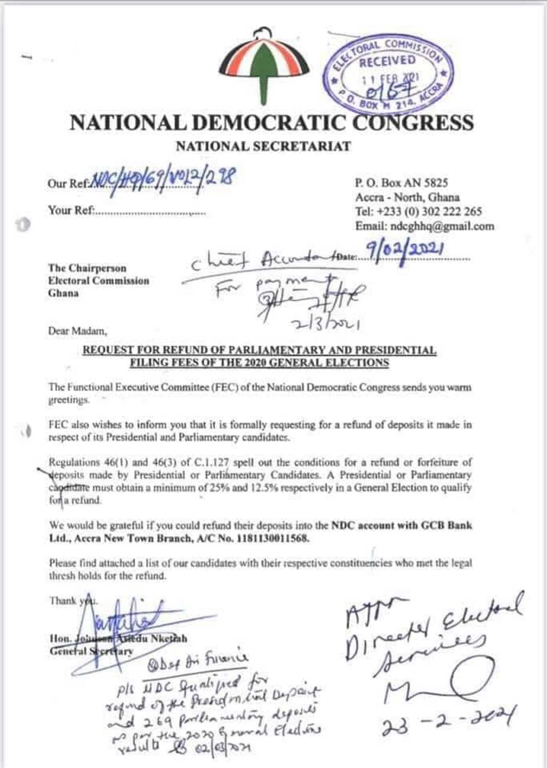 NDC demands refund of 2020 polls filing fees ahead of election petition judgment NDC demands refund of 2020 polls filing fees ahead of election petition judgment