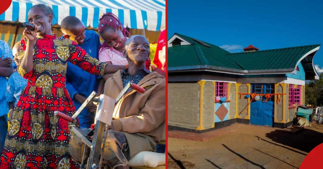 Cecilia Wambui Mwangi (holding microphone) talks about her husband Lazaro (in wheelchair). The couple's brand-new house (r).