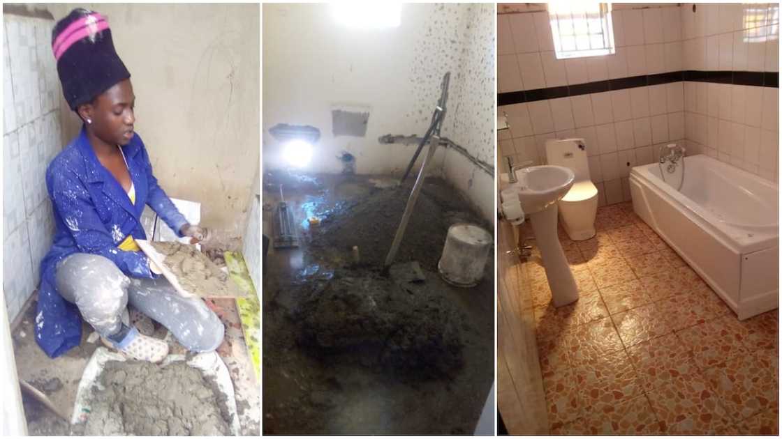 Lady who tiles floor for a living showcases her hustler, photos go viral Lady who tiles floor for a living showcases her hustler, photos go viral