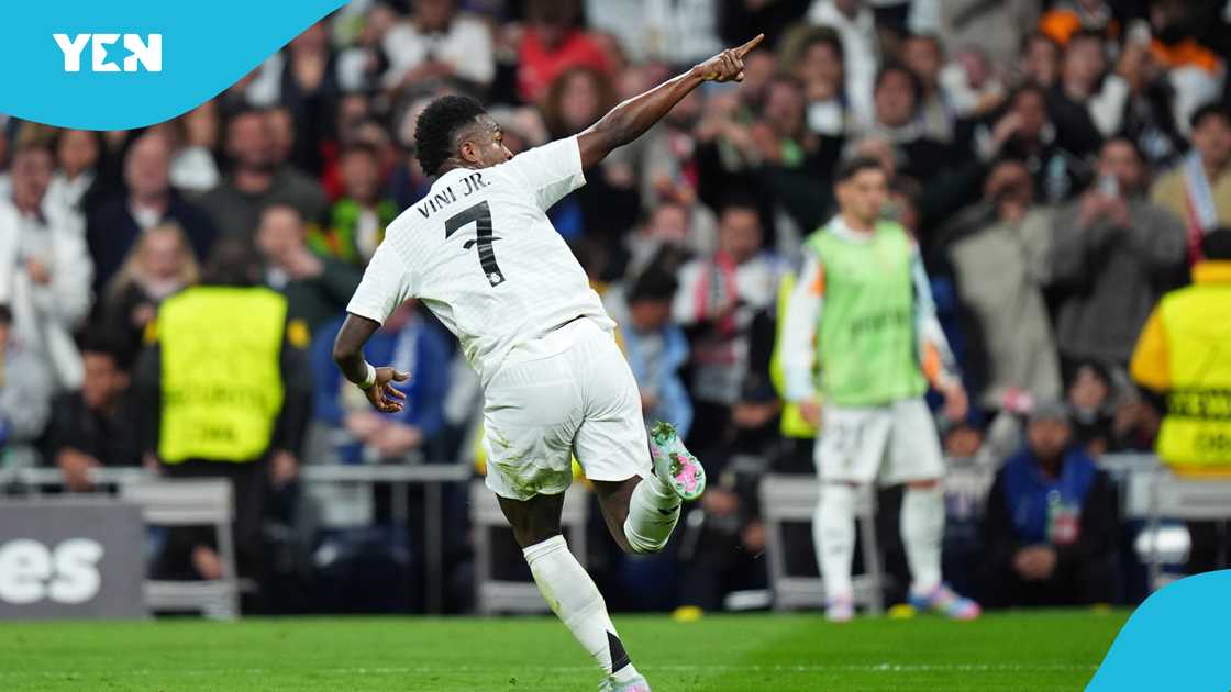Vinicius Jr passionately celebrated Real Madrid's consolation goal against Arsenal in their 5-1 defeat to Arsenal. Vinicius Jr passionately celebrated Real Madrid's consolation goal against Arsenal in their 5-1 defeat to Arsenal.