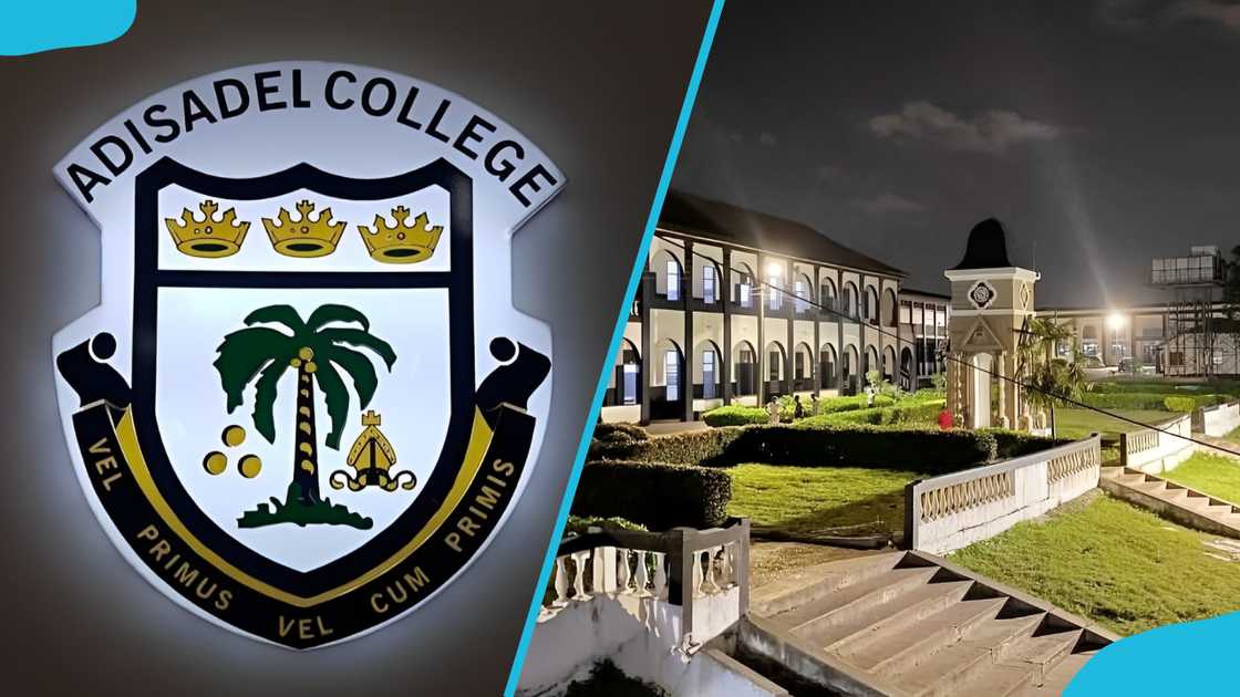 The Adisadel College school crest (L) and the school compound at night (R) The Adisadel College school crest (L) and the school compound at night (R)