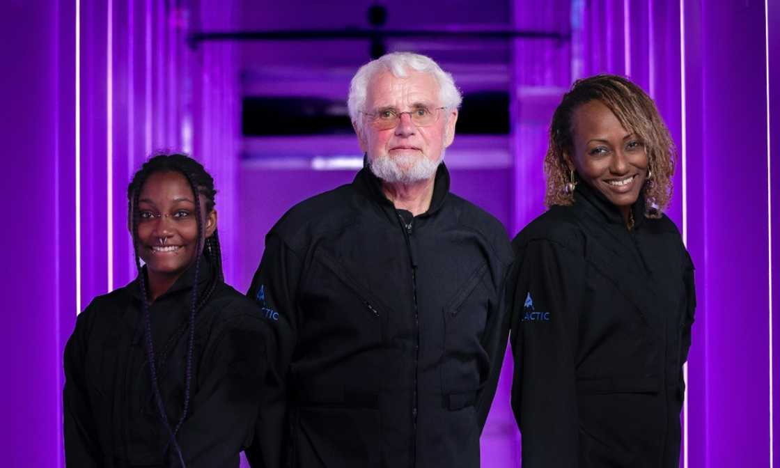 The three passengers for Virgin Galactic's first private space tourism flight:  (L-R) Anastatia Mayers, 18, Jon Goodwin, 80, and Keisha Schahaff, 46