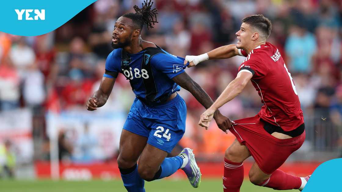 Antoine Semenyo, AFC Bournemouth, Liverpool, Milos Kerkez, Premier League, Anfield. Antoine Semenyo, AFC Bournemouth, Liverpool, Milos Kerkez, Premier League, Anfield.