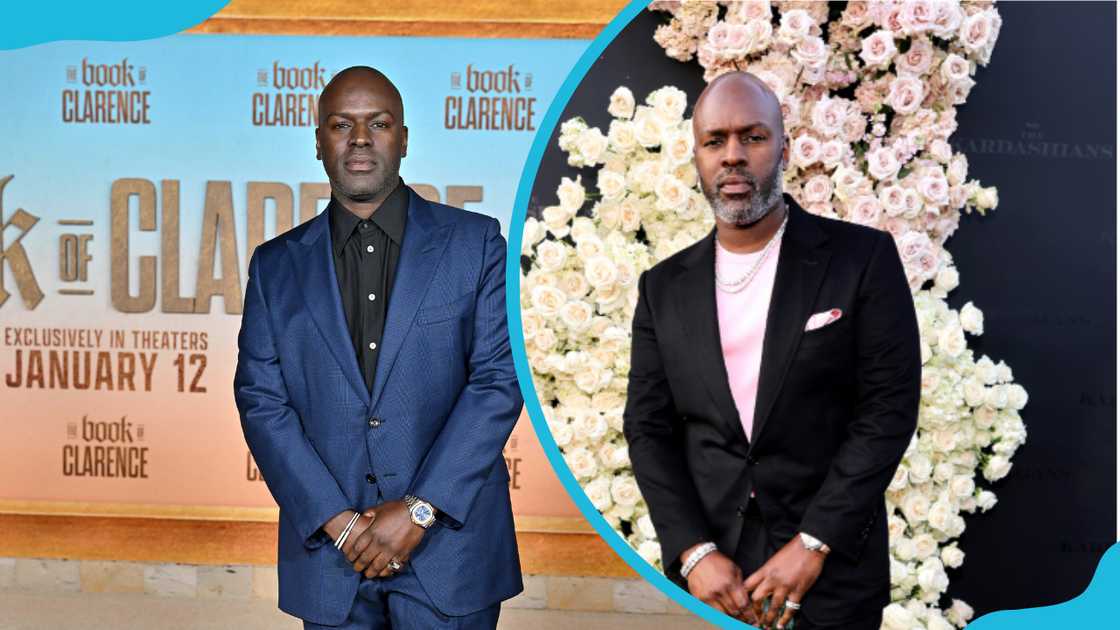 Corey Gamble poses at the "The Book of Clarence" premiere (L) and the "The Kardashians" premiere (R).