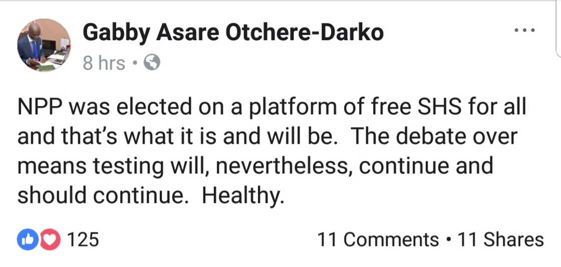 Gabby Otchere-Darko posted a reply to Ken Ofori-Atta's call for the review of the free SHS on Facebook. Gabby Otchere-Darko posted a reply to Ken Ofori-Atta's call for the review of the free SHS on Facebook.