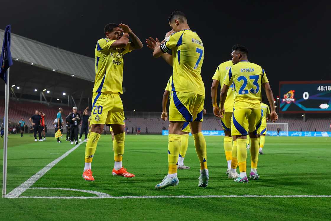 Cristiano Ronaldo of Al Nassr celebrates after scoring the first goal of the team with teammate Angelo during the Saudi Pro League match vs Al Wehda and Al Nassr on February 25, 2025 Cristiano Ronaldo of Al Nassr celebrates after scoring the first goal of the team with teammate Angelo during the Saudi Pro League match vs Al Wehda and Al Nassr on February 25, 2025