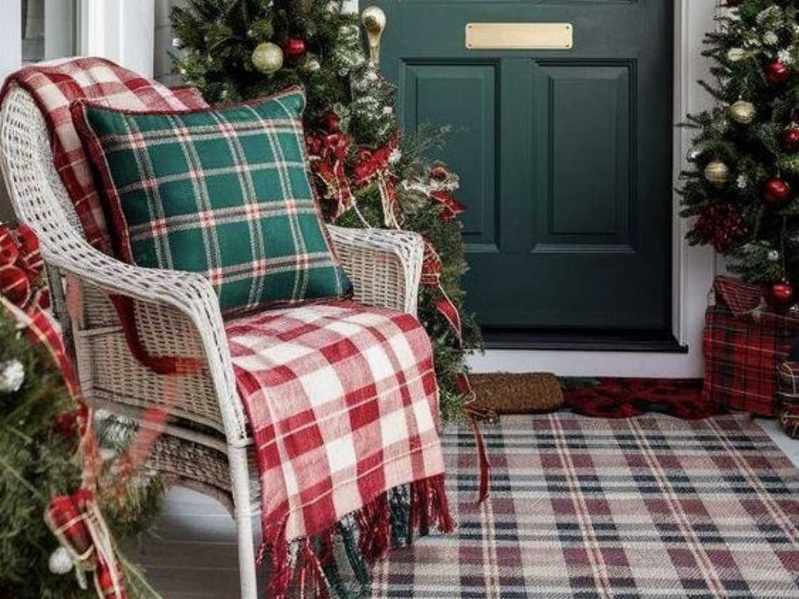 Adorable front porch buffalo plaid accents with an outside chair