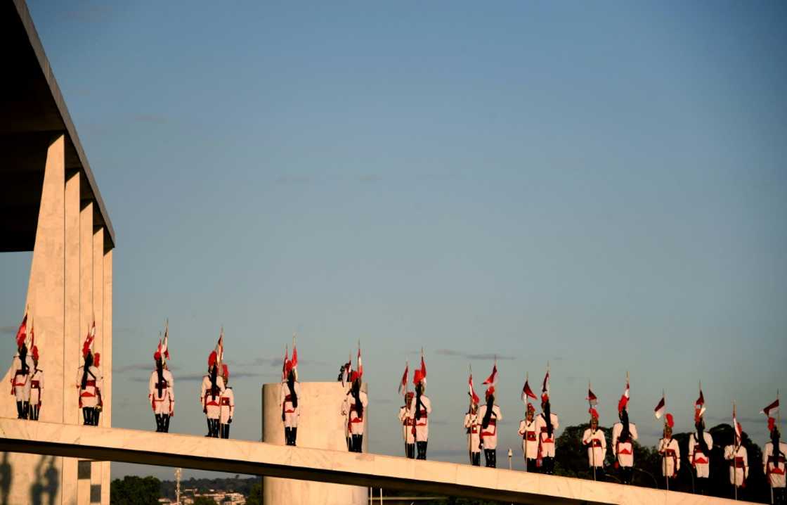 A military honor guard outside the Planalto Palace in Brasilia during an official ceremony for the urn bearing the embalmed heart of Dom Pedro I, founder and first ruler of the Empire of Brazil, on August 23, 2022