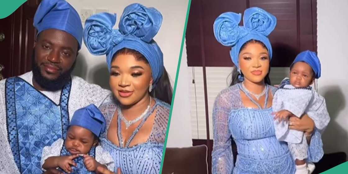 A family looking lovely in blue traditional attire