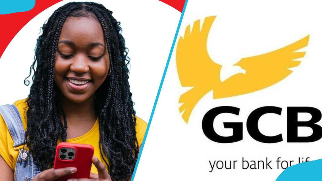 A woman using her phone to access GCB bank. The GCB logo. A woman using her phone to access GCB bank. The GCB logo.