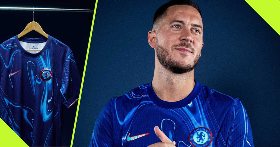 Eden Hazard models Chelsea's new jersey. Eden Hazard models Chelsea's new jersey.