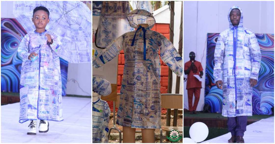 Photos of umbrella and raincoat made from pure water sachets. Photos of umbrella and raincoat made from pure water sachets.