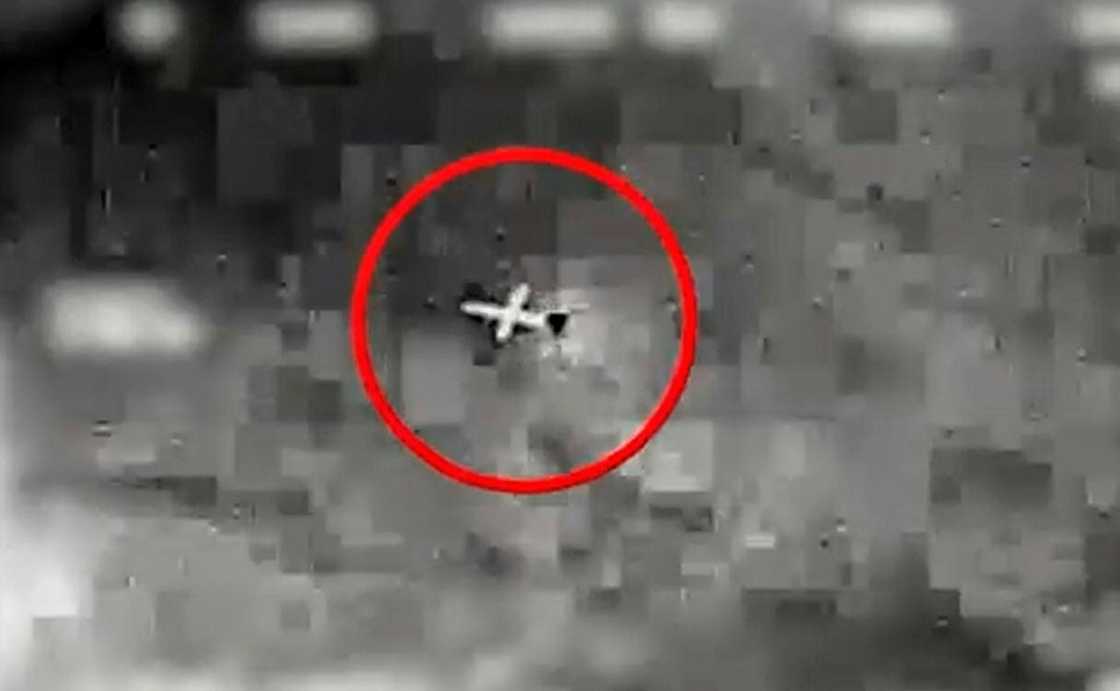 This image grab from a video released by the Israeli army spokesperson's unit on July 2, 2022, reportedly shows a drone launched by Lebanon's Hezbollah movement that was headed towards an offshore gas field in the Mediterranean