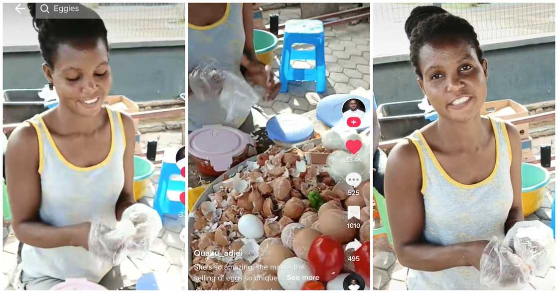 The image shows a picture of a young customer selling eggs The image shows a picture of a young customer selling eggs