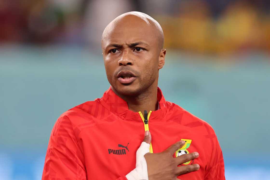 Andre Ayew singing the Ghanaian national anthem before a match