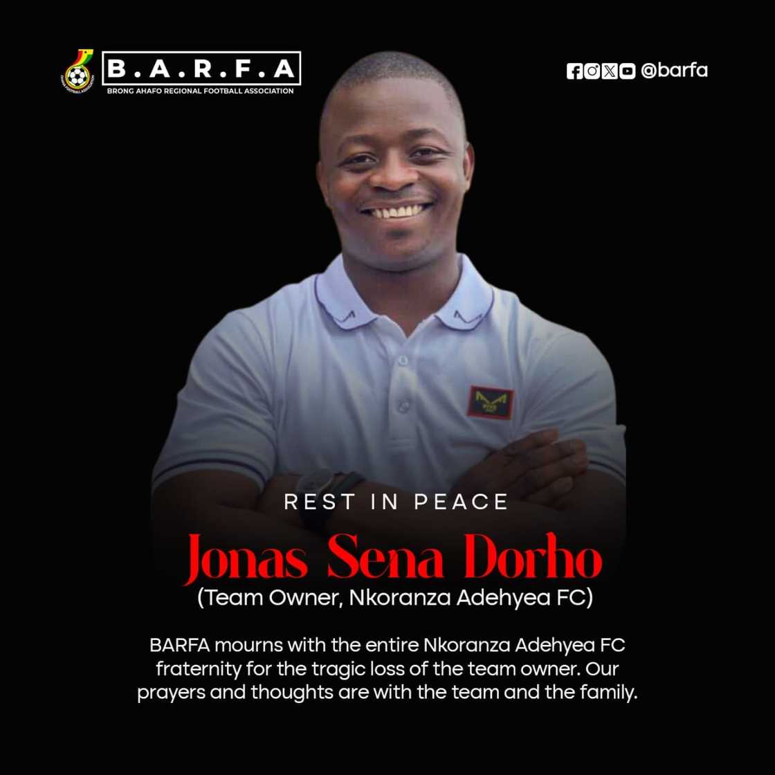 Ghana Division Two Football Club Nkoranza Adehyea FC owner Jonas Sana Dorho was reportedly murdered on his farmland by unknown assailants on Friday, April 18, 2025 Ghana Division Two Football Club Nkoranza Adehyea FC owner Jonas Sana Dorho was reportedly murdered on his farmland by unknown assailants on Friday, April 18, 2025