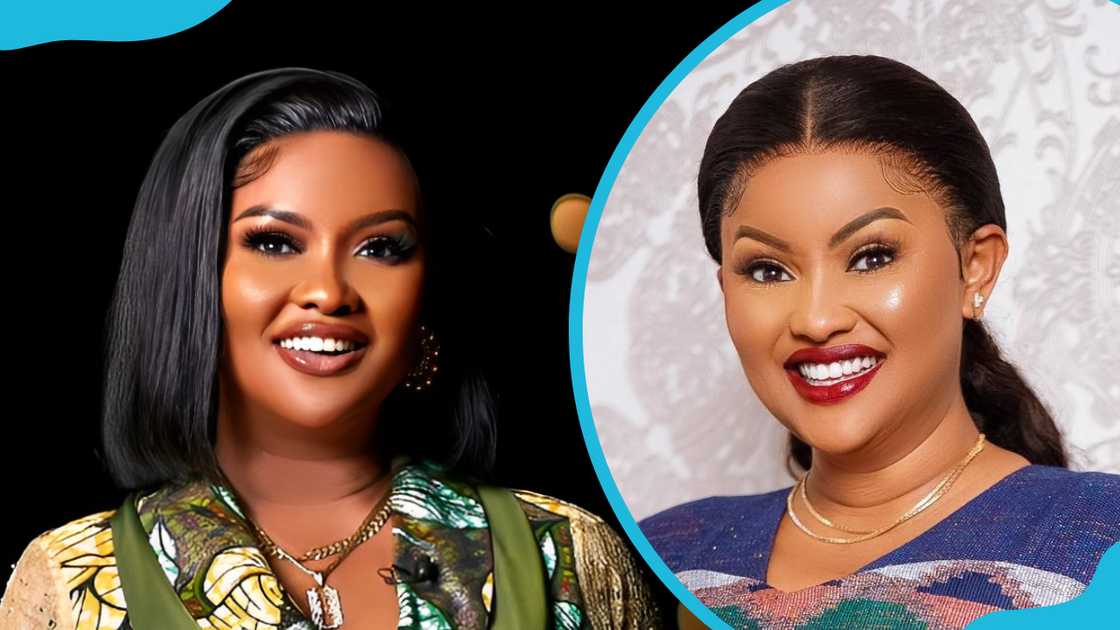 Nana Ama McBrown smiles for a photo (L). Nana is in a fancy room (R) Nana Ama McBrown smiles for a photo (L). Nana is in a fancy room (R)