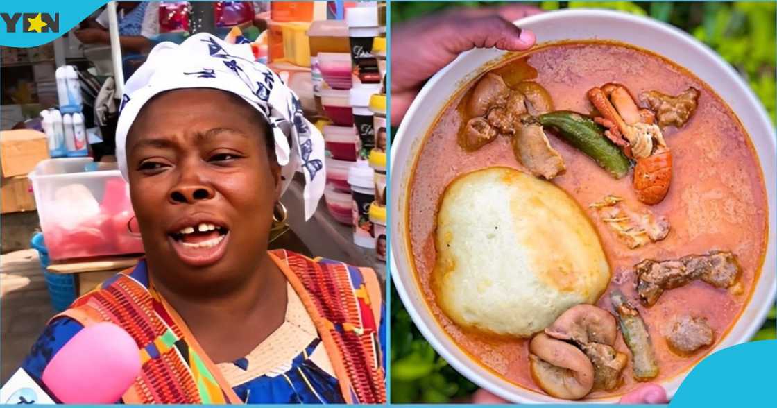 Photo of a Ghanaian woman who sells at the market and a bowl of of fufu.