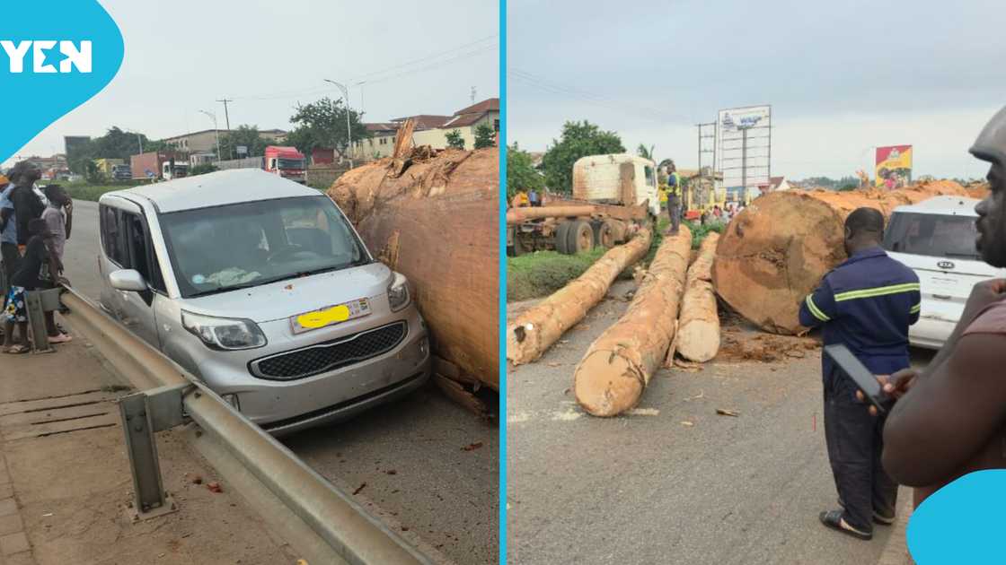 Oforikrom Municipality accident, traffic congestion Ashanti Region, timber truck overturned, Kumasi accident, logs spilled onto vehicles