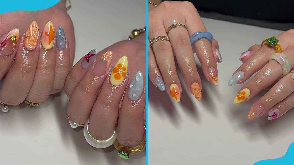 Assorted corals and starfish beach nail design Assorted corals and starfish beach nail design