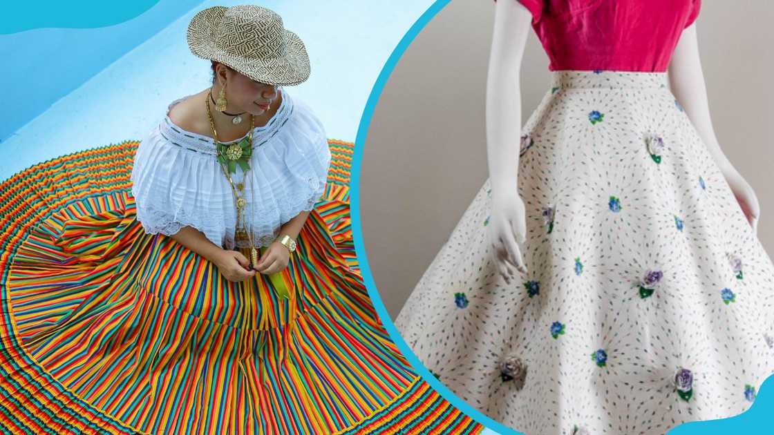 A woman sits down while spreading out her circle skirt(L). A display of a circle skirt on a mannequin (R)