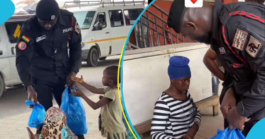 Photo of policeman giving food to the needy