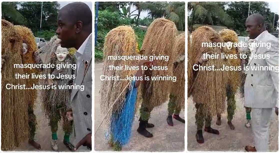 Photos of a man preaching to masquerades.