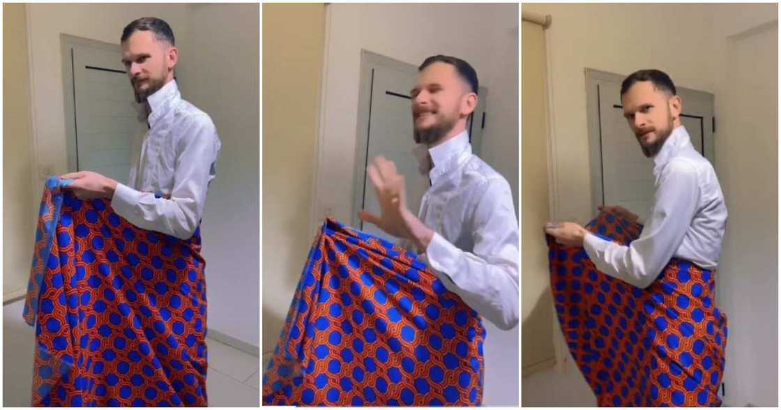 White man ties wrapper and acts like his Nigerian wife when she leaves the shower, video amuses people White man ties wrapper and acts like his Nigerian wife when she leaves the shower, video amuses people