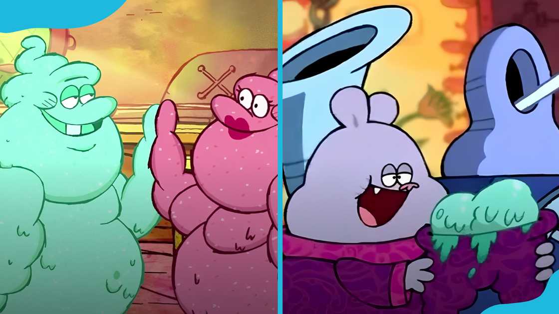 Thrice Cream Man from "Chowder" interacting with another ice cream (L) and serving Thrice Cream to Chowder (R).